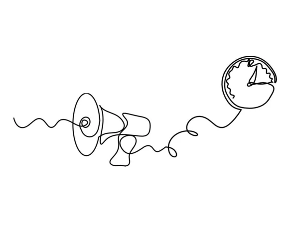 Abstraktes Megafon Mit Uhr Als Durchgehende Linien Auf Weißem Hintergrund — Stockvektor