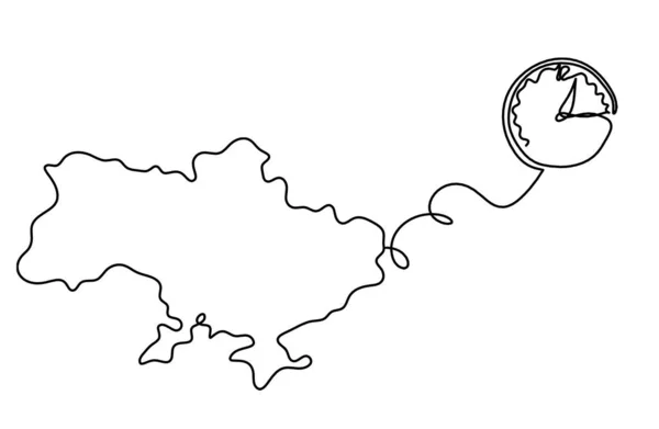 Karte Der Ukraine Mit Uhr Als Linienzeichnung Auf Weißem Hintergrund — Stockvektor