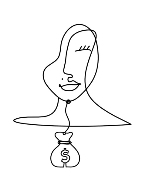 Femme Visage Silhouette Avec Dollar Comme Image Dessin Ligne Sur — Image vectorielle