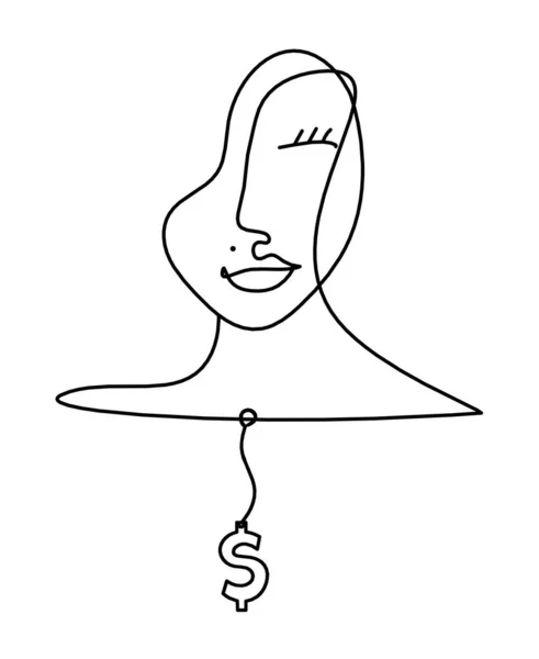 Frau Silhouette Gesicht Mit Dollar Als Linienzeichnung Bild Auf Weiß — Stockvektor