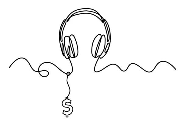 Abstrakte Kopfhörer Mit Dollar Als Durchgehende Linien Auf Weißem Hintergrund — Stockvektor