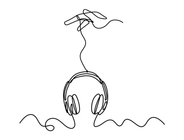 手部为连续线的带白色背景的抽象耳机 — 图库矢量图片