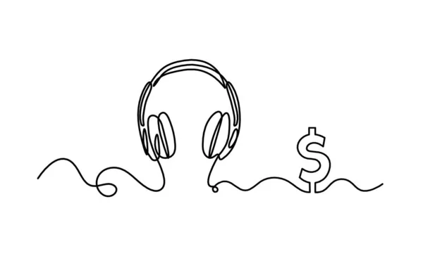 Abstrakte Kopfhörer Mit Dollar Als Durchgehende Linien Auf Weißem Hintergrund — Stockvektor