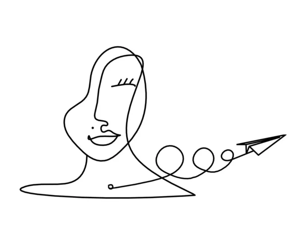 白い上に線画として紙飛行機と女性のシルエットの顔 — ストックベクタ