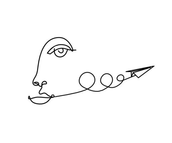 Frau Silhouette Gesicht Mit Papierflugzeug Als Linienzeichnung Bild Auf Weiß — Stockvektor