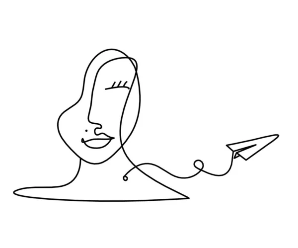 白い上に線画として紙飛行機と女性のシルエットの顔 — ストックベクタ