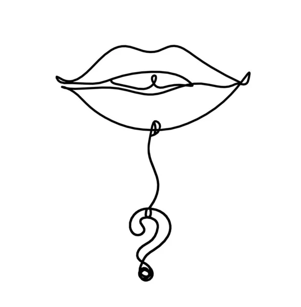 Kvinnliga Läppar Med Frågetecken Som Linje Ritning Bild Vit — Stock vektor