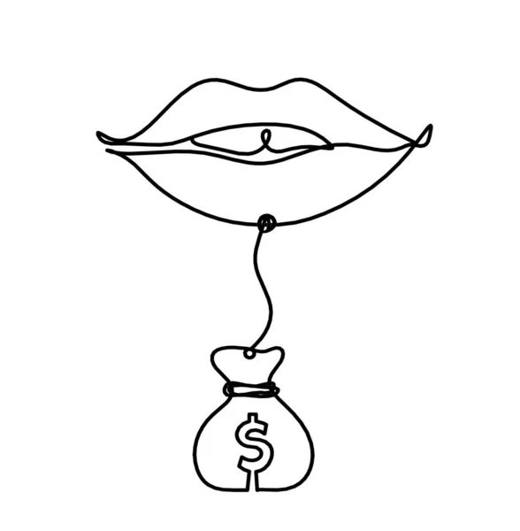 Žena Rty Dolarem Jako Čára Kreslení Obrázek Bílém — Stockový vektor