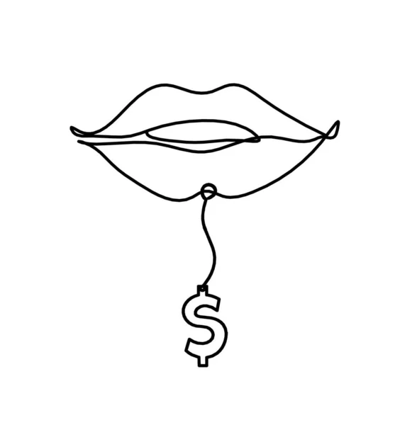 Kvinna Läppar Med Dollar Som Linje Ritning Bild Vit — Stock vektor