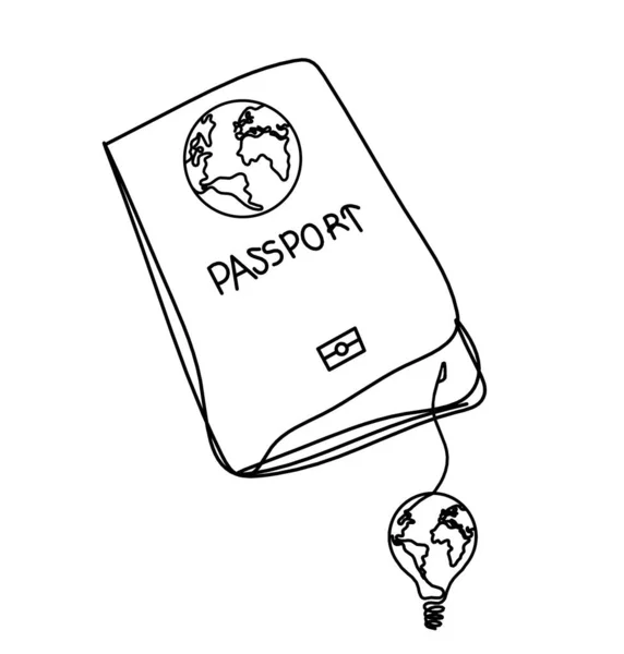 Passport Globe Ight Bulb Line Drawing White Background — Stock Vector