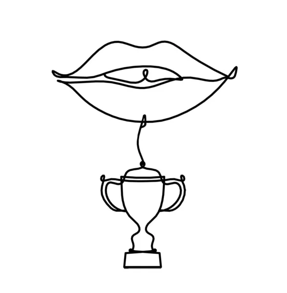 Labios Mujer Con Trofeo Como Imagen Dibujo Línea Blanco — Vector de stock