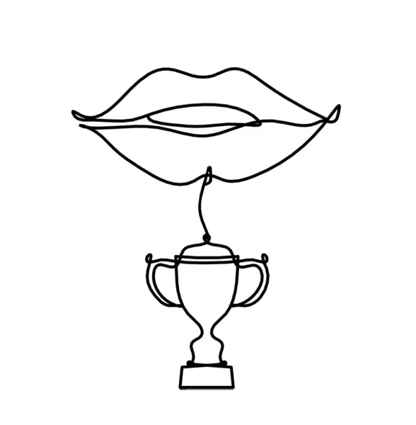 Lábios Mulher Com Troféu Como Imagem Desenho Linha Branco — Vetor de Stock
