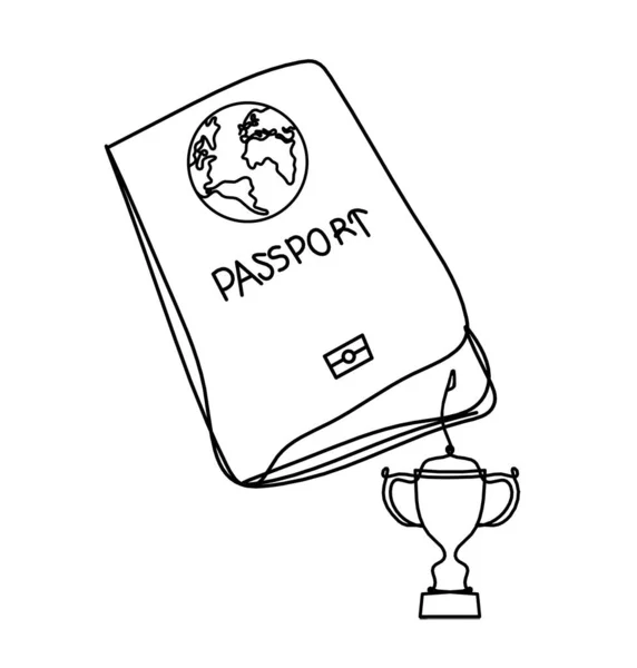 Beyaz Arkaplanda Çizgi Olarak Kupa Ile Pasaport — Stok Vektör