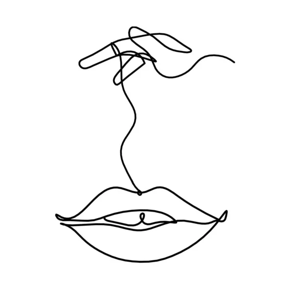 Vrouw Lippen Met Hand Als Lijn Tekening Wit — Stockvector