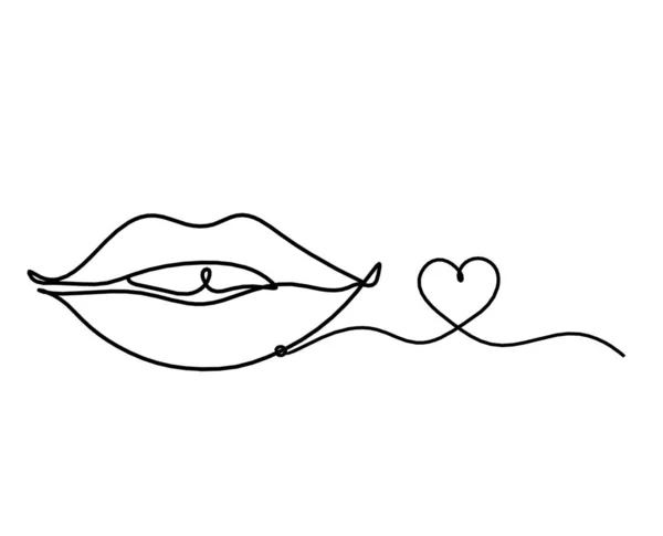 Labios Mujer Con Corazón Como Dibujo Línea Blanco — Vector de stock