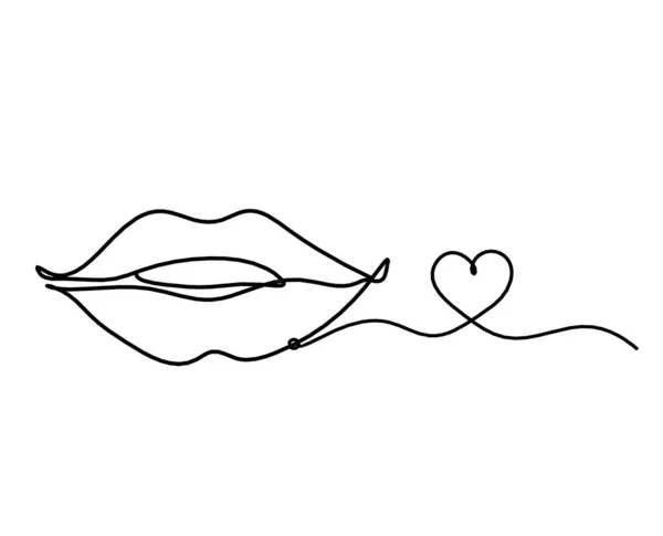 Lèvres Femme Avec Coeur Comme Image Dessin Ligne Sur Blanc — Image vectorielle