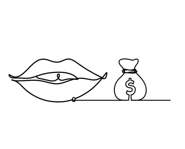 Frauenlippen Mit Dollar Als Linienzeichnung Bild Auf Weiß — Stockvektor