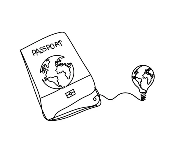 Passeport Avec Ampoule Globe Comme Dessin Ligne Sur Fond Blanc — Image vectorielle