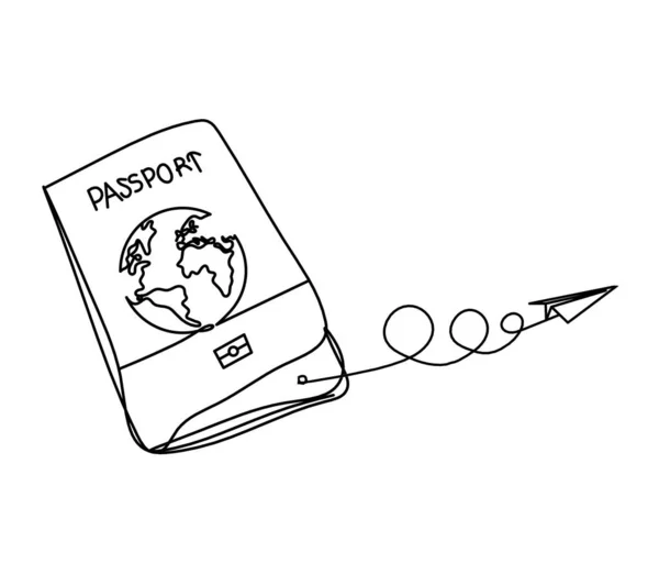Paspoort Met Papieren Vliegtuig Als Lijntekening Witte Achtergrond — Stockvector