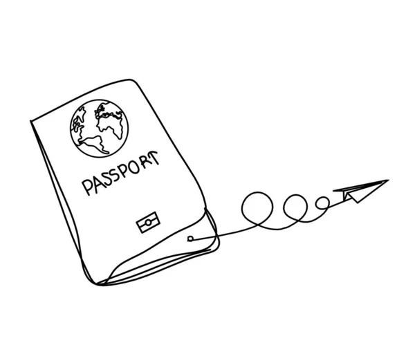 Passaporte Com Avião Papel Como Desenho Linha Sobre Fundo Branco — Vetor de Stock