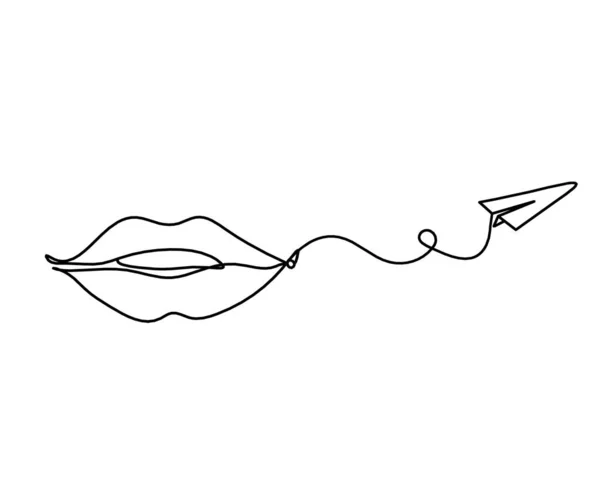 Frauenlippen Mit Papierflieger Als Linienzeichnung Bild Auf Weiß — Stockvektor