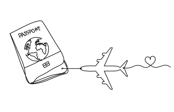 Passeport Avec Avion Comme Dessin Trait Sur Fond Blanc — Image vectorielle