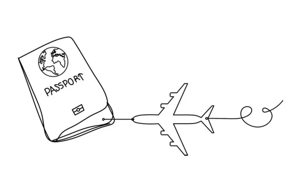 Pasaporte Con Plano Como Dibujo Línea Sobre Fondo Blanco — Vector de stock