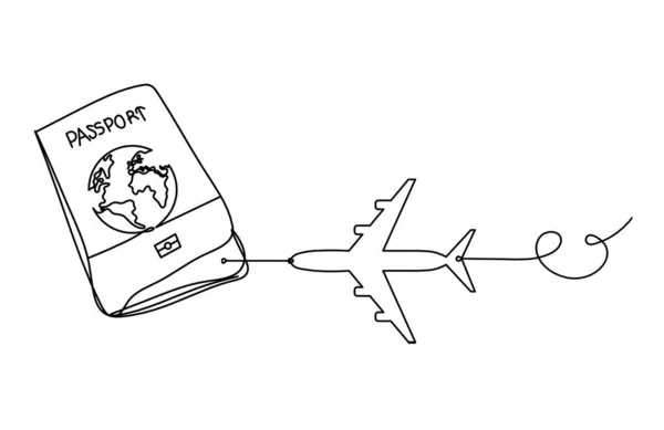 Passaporte Com Plano Como Desenho Linha Sobre Fundo Branco — Vetor de Stock
