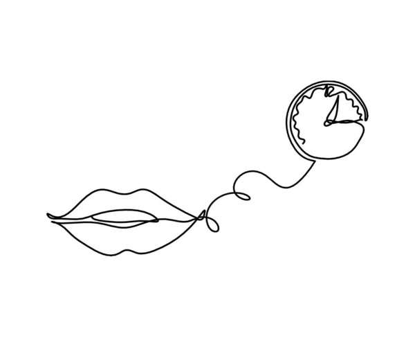 Labios Mujer Con Reloj Como Imagen Dibujo Línea Blanco — Vector de stock