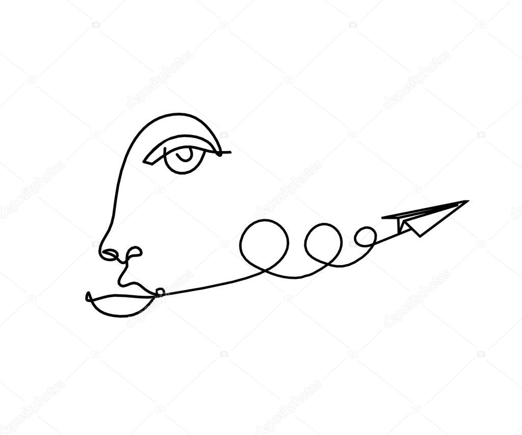 Woman silhouette face with paper plane as line drawing picture on white