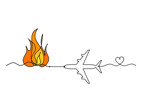 Abstract fire with plane as line drawing on white background