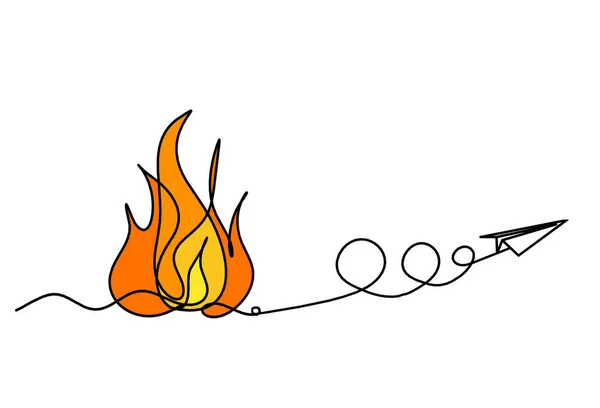 Abstract fire with paper plane as line drawing on white background