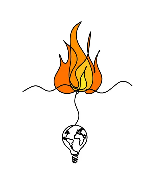 Abstract fire with globe light bulb as line drawing on white background