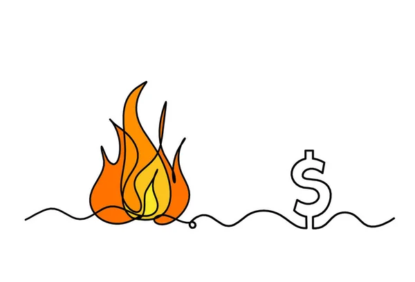 Abstract fire with dollar as line drawing on white background