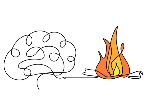 Abstract fire with brain as line drawing on white background