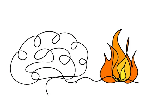 Abstract fire with brain as line drawing on white background