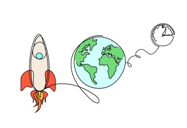 Beyaz arkaplanda aralıksız çizgi çizimi yapan soyut renk roketi