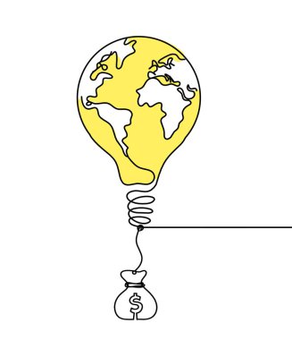 Ampul ve dolar şeklinde soyut bir gezegen olan Dünya, arka plan gibi beyaz üzerine çizilmiş bir çizgi.