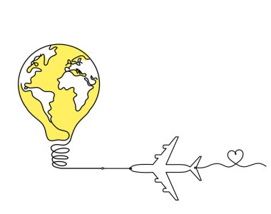 Ampul ve düzlemdeki soyut gezegen arkaplan olarak beyaz üzerine çizilen çizgi