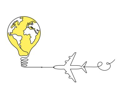 Ampul ve düzlemdeki soyut gezegen arkaplan olarak beyaz üzerine çizilen çizgi