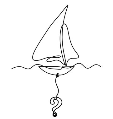 Abstract boat with question mark as line drawing on white background