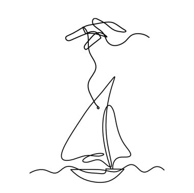 Abstract boat with hand as line drawing on white background
