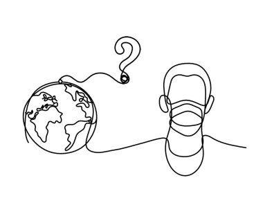 Abstract man face with mask and globe with question mark as line drawing on white background