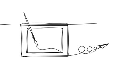 Abstract  tassel and picture with paper plane as line drawing on white background