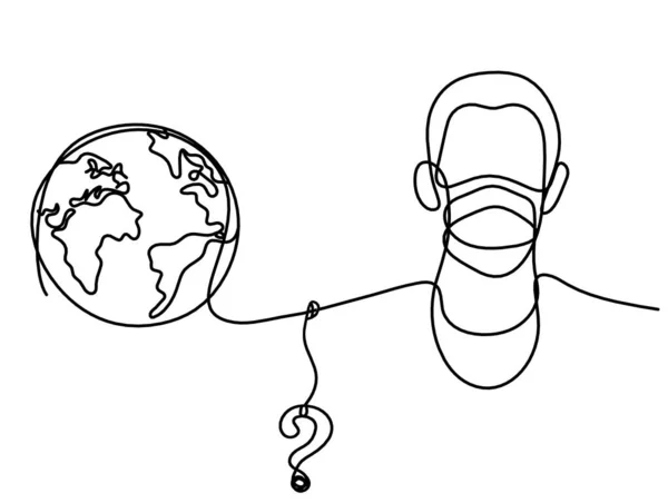 Abstract Man Face Mask Globe Question Mark Line Drawing White — Vetor de Stock