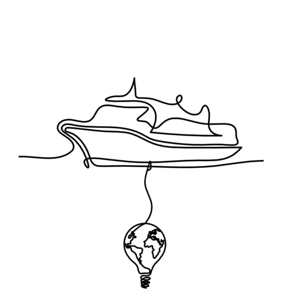 Abstract Boat Globe Light Bulb Line Drawing White Background — Vettoriale Stock