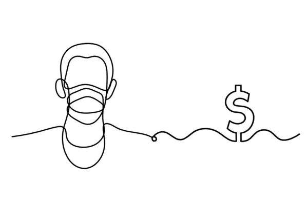 Abstract Man Face Mask Globe Dollar Line Drawing White Background — Vetor de Stock