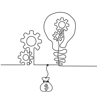 Abstract round metal gears wheels with light bulb and dollar as line drawing on white background. Concept of teamwork