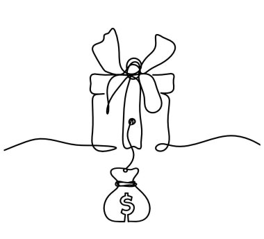 Abstract present box and dollar as continuous line drawing on white background