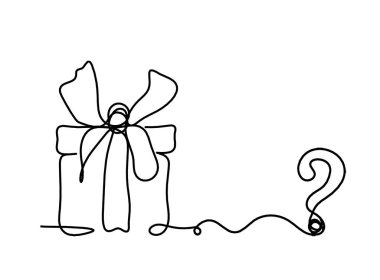 Abstract present box and question mark as continuous line drawing on white background